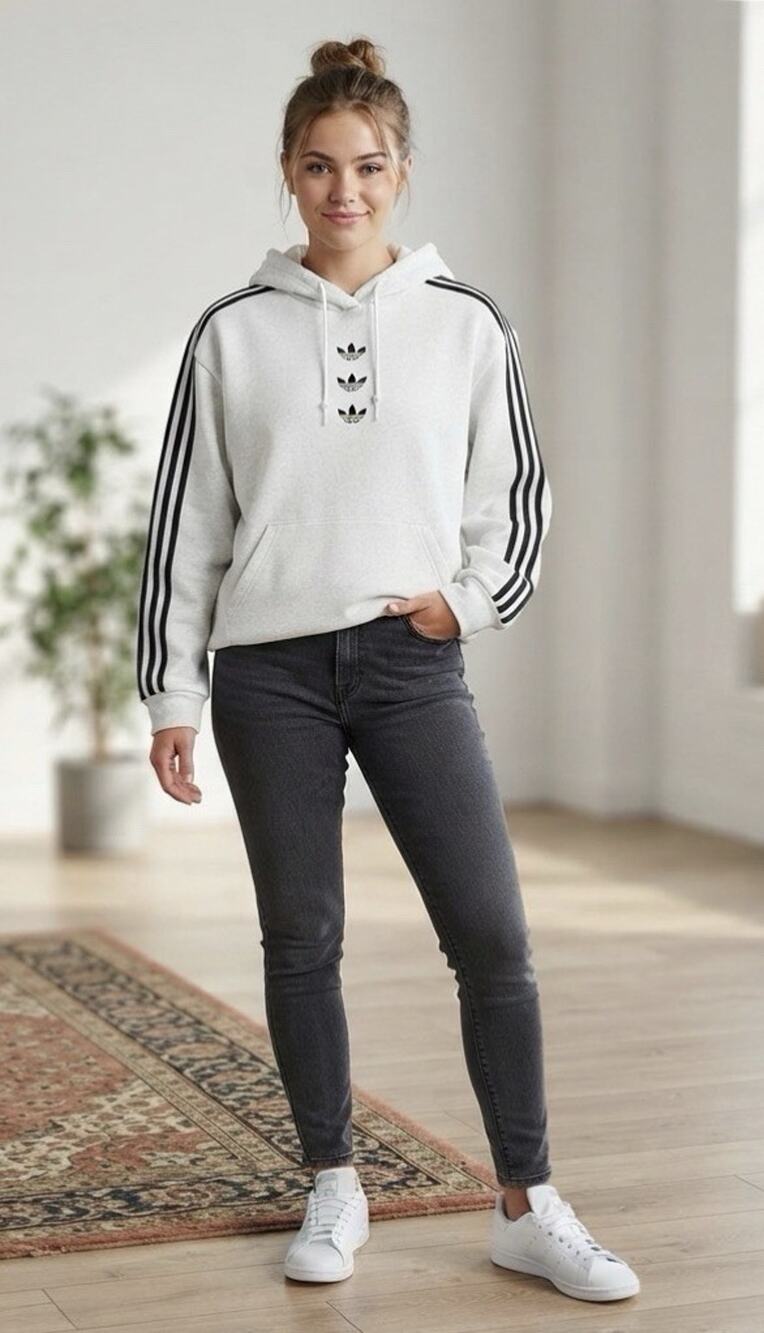 Adidas Originals Greige Stacked Trefoil 3 Stripe Pullover Hoodie Skate Y2K M-Lg
